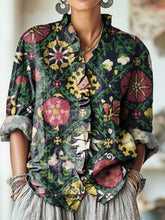 Women's Vintage Ethnic Rhombus Geometric Floral Painting Art Print Casual Cotton And Linen Ruffle Shirt